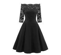 LuckyGirls Robe en Dentelle, Sexy Femme Robe Vintage Evasée Bateau Cou Robe en Dentelle Swing Robe de Cocktail Soirée Manches Longues Robe Elegant Party Mini-Robe Modal - Maxi - 2XL