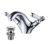 Luckyhome Mitigeur de lavabo à double levier avec bonde pop-up pour salle de bain Chromé Robinet chaud et froid Corps en laiton massif
