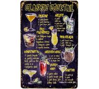 LUCKYLINDE Plaque décorative en étain 30 x 20 cm - Bar restaurant, pub, serveur de fête, tableau d'aperçu de cocktail - Cocktail classique (noir)