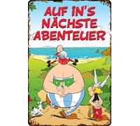 LUCKYLINDE - Plaque en tôle rétro ASTERIX et OBELIX, série culte de bande dessinée française, plaque décorative, 14 x 20 cm (vers la prochaine aventure)