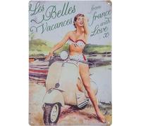 LuckyLinde Plaque en tôle rétro vintage 30 x 20 cm pour les fans de scooters italiens - Les Belles Vacances - From France with love