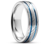 Lucleon by Trendhim Bague Homme | Bague Fortis 7 mm en acier damassé à double rainure et titane bleu | Design danois | Bijou élégant pour homme au quotidien & pour les occasions | Acier & Bleu