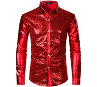 LucMatton Chemise pour homme boutonnée à paillettes métalliques scintillantes, manches longues, coupe ajustée, pour club, Rock, Hip-Hop, Disco, fête, cosplay, Rouge, XL
