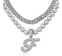 Lucopsny Chaîne à maillons cubains pour femme - Collier avec initiale en argent, chaîne cursive de 14 mm pour bijoux hip-hop, Two Sizes: 16 inches and 18 inches, Zinc, Strass