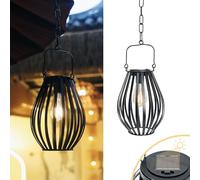 LUCOZA Lampe Suspendue Solaire en Métal, Lanterne Étanche avec Chaîne et Crochet pour une Utilisation en Extérieur, Décor de Lumière de Lanterne de Lampe pour Patio Balcon Terrasse Jardin, Noir (L)
