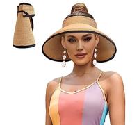 LUCSIS Chapeau de paille avec visière de protection UV - Large bord - Imprimé léopard - Pliable - Pour femme, Kaki/bord noir, M/XL