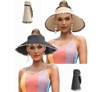 LUCSIS Chapeau de paille avec visière de protection UV - Large bord - Imprimé léopard - Pliable - Pour femme, 1 beige/bord léopard + 1 noir/bord léopard, M/XL