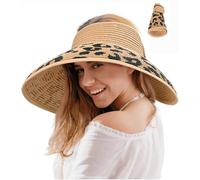 LUCSIS Chapeau de paille avec visière de protection UV - Large bord - Imprimé léopard - Pliable - Pour femme, Imprimé kaki/léopard, M/XL