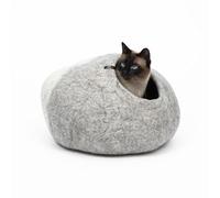 LucyBalu® Grotte de Lit pour Chat | Panier Confortable 100% Laine Naturelle | Niche Fait à la Main au Népal | Maison d'Intérieur | 45x45x28cm | Gris/Blanc