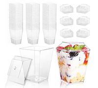 LucyStudio Réutilisable Coupes à Dessert Carrées 50 Pièces Gobelets à Dessert en Plastique avec Couvercles 160ml 5oz Tasses à Dessert Bol D'apéritif Parfait Transparents pour Pudding Mousse Tiramisu