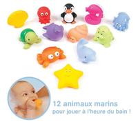 LUDI - 12 animaux marins en plastique pour jouer dans le bain. Dès 6 mois. Animaux arroseurs rigolos. Sac de rangement inclus