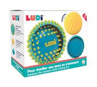 LUDI - 3 Balles Sensorielles Souples Texturées - Jouet D'Éveil Bébé - Dès 6 Mois - Développe Le Toucher, La Motricité Fine & Le Bien-Être - Diamètre : 8 & 15 cm - Bleu & Jaune