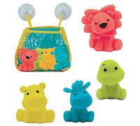 LUDI - 4 Aspergeurs de Bain + 1 Filet de Rangement - 4 Animaux Arroseurs pour Jouer dans Le Bain ou à la Plage - Jouets de Bain pour Bébé en Plastique Souple - À Partir de 10 Mois