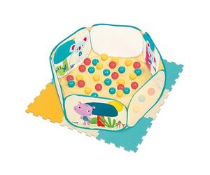 LUDI - Aire de Jeu + Tapis Ludi - 9 Dalles en Mousse - 40 Balles Colorées - Aire Pop-up Facile à Monter - Installation Rapide - Amortit les Chocs - Accueille 2 Enfants dès 10 Mois