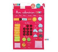 LUDI Calendrier Basic Panneau Rose – Tissu brodé, 45 étiquettes amovibles, 53 x 38 cm