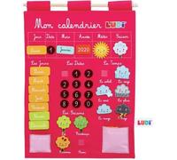 LUDI - Calendrier rose pour enfant dès 3 ans. Panneau en tissu brodé 53 x 38 cm et accroche murale - 45 étiquettes amovibles