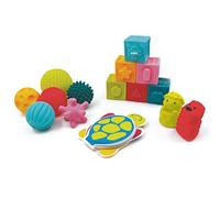 Ludi - Coffret De Jouets D'Éveil Bébé - Dès 10 Mois - Développe Le Bien-Être, Le Toucher, La Découverte & La Réflexion - 6 Cubes, 6 Balles Sensorielles, 1 Livre & 2 Animaux Rigolos pour Le Bain
