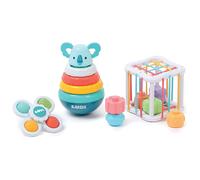 LUDI - Coffret Manipulation - Jouets D'Éveil Bébé - Dès 10 Mois - Développer Le Toucher, La Motricité Fine & La Découverte - 1 Cube Élastique + 1 Pyramide Avec 3 Anneaux + 1 Baby Spinner
