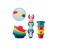 LUDI Coffret de bain bébé – Jouets d'éveil 4 bateaux, 3 singes, 4 gobelets Or dès 10 mois
