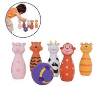 LUDI - Jeu de 5 quilles en forme d'animaux. Dès 10 mois. Plastique souple et résistant. Balle adaptée aux petites mains.