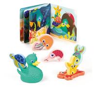 LUDI - Lucky Duck & Friends - Coffret de Bain 3-en-1 - Canard aspergeur, 6 Animaux en Mousse et Livre de Bain - Développe motricité et Imagination - Dès 10 Mois
