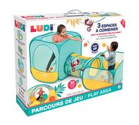 Ludi - Parcours de Jeu Pop-up Jungle - Cube, Tunnel & Aire à Balles - 3 Espaces Amusants - 30 Balles Incluses - Léger et Portable avec Sac de Transport - Stimule Motricité et Imagination