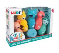 Ludi - Jeu de Quilles Souples pour Bébé - Dès 10 Mois - 5 Quilles Animaux Faciles à Prendre en Main + Balle Ergonomique - Dextérité, Vise et Coordination - Silencieux et Léger - 100% PVC, Lavable