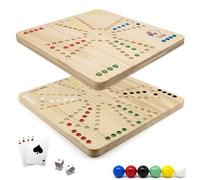 Ludibel - Jeu de Tock 4 ou 6 Joueurs réversible - Plateau XL 40x40 cm en Bois Massif - Compatible Jackaroo - Jeu de société Familial - Cartes, Billes en Verre, dés