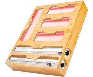 LudoHome Distributeur de Papier Aluminium et de Film en Bambou avec découpeur, Organisateur de Sacs de congélation, Organisateur 6 en 1 pour la Cuisine, 4 Compartiments pour Sacs Zip et 2 découpeurs