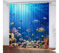 LUDSOL 3D Impression Océan Bleu Rideaux Thermiques Isolants Lot de 2 Poisson Coloré Rideaux Occultant 117x138 cm Rideaux à Oeillets pour Chambre Salon Maison Bureau Fenêtre