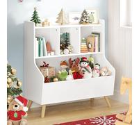 LUE BONA Bibliothèque Enfant en Bois, Meuble de Rangement à 3 Niveaux et 3 Cubes pour Livres et Jouets, Organisateur avec Pieds en Bois pour Nettoyage Facile, 36x61x71 cm,Blanc