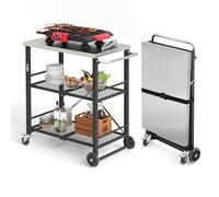 LUE BONA Desserte Jardin,Chariot de Barbecue 2 Niveaux,Desserte Extérieur pour Barbecue avec 4 roulettes Verrouillables e Crochets pour BBQ,Four a Pizza,70 x 47 x 86 cm,Nero