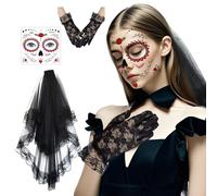 Lufdegim Lot de 3 voiles du jour des morts pour Halloween, voile de mariée, gants en dentelle, tatouages temporaires, accessoires de costume d'Halloween pour Halloween, carnaval, mascarade, cosplay,