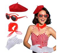 Lufdegim Lot de 4 accessoires rockabilly - Costume de mime pour femme - Costume des années 50 pour femme - Accessoires rockabilly - Béret en mousseline rouge - Écharpe - Gants et lunettes