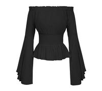 Lufdegim Vêtements médiévaux pour femme, haut de la Renaissance, chemisier Carmen, chemisier de pirate, manches trompette, t-shirt à manches longues, Noir , S