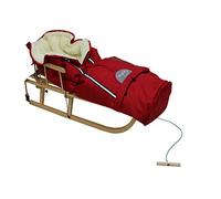 Luge Davos en bois pour enfant à dossier et sangle de sécurité, avec chancelière d'hiver, Naturel/rouge.