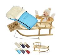 Luge en bois avec dossier et corde de traction + chancelière d'hiver universelle (90 cm), convient également pour nacelle, poussette, buggy, en laine unie (turquoise)
