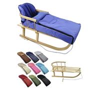 Luge en bois + chancelière d'hiver universelle de 108 cm - Luge avec dossier et corde de traction - Chancelière adaptée pour porte-bébé, poussette avec polaire thermique (bleu)