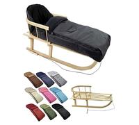 Luge en bois + chancelière d'hiver universelle de 108 cm - Luge avec dossier et corde de traction - Chancelière adaptée pour porte-bébé, poussette avec polaire thermique (noir)