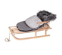 Luge en bois de hêtre - Dossier avec corde de traction + chancelière d'hiver - Chancelière avec fermeture éclair - 48/90 cm - Luge en métal (gris)