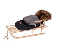 Luge en bois de hêtre - Dossier avec corde de traction + chancelière d'hiver - Chancelière avec fermeture éclair - 48/90 cm - Luge en métal (noir marron)