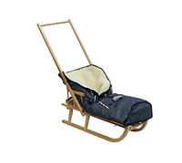 Luge en Bois pour Enfant avec Dossier traîneau Davoser avec Sangle de sécurité et chancelière d'hiver Universelle - Natur/dunkelblaues Leinen