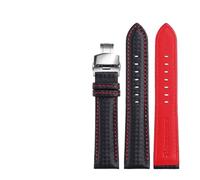 LUGEMA Bracelet En Cuir Véritable Grain Fibre De Carbone, Coutures Rouges, Disponible 18 Mm, 20 Et 22, Boucle Papillon(Black red silver,19mm)