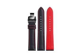 LUGEMA Bracelet En Cuir Véritable Grain Fibre De Carbone, Coutures Rouges, Disponible 18 Mm, 20 Et 22, Boucle Papillon(Black red black,24mm)