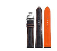 LUGEMA Bracelet En Cuir Véritable Grain Fibre De Carbone, Coutures Rouges, Disponible 18 Mm, 20 Et 22, Boucle Papillon(Black orange SR,18mm)