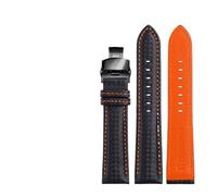 LUGEMA Bracelet En Cuir Véritable Grain Fibre De Carbone, Coutures Rouges, Disponible 18 Mm, 20 Et 22, Boucle Papillon(Black orange black,21mm)