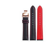 LUGEMA Bracelet En Cuir Véritable Grain Fibre De Carbone, Coutures Rouges, Disponible 18 Mm, 20 Et 22, Boucle Papillon(Black red rose,19mm)
