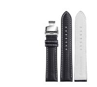 LUGEMA Bracelet En Cuir Véritable Grain Fibre De Carbone, Coutures Rouges, Disponible 18 Mm, 20 Et 22, Boucle Papillon(Black white silver,24mm)