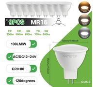 LUGH-9PCS-Cold white 6000KAmpoules Led sans scintillement 12V MR16,1 à 10 pièces,AC DC 12-24V,Angle de haricots 120 80 + CRI 3W 5W 6W 7W 8W 100LM/W,remplacement de la lampe halogène