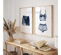LUHDFYS Toile murale vintage bleu marine et blanc pour maillot de bain, affiche et impression sur toile pour décoration de salon, sans cadre (30,5 x 40,6 cm, sans cadre)